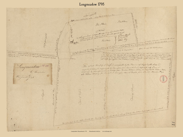 Longmeadow, Massachusetts 1795 Old Town Map Reprint - Roads Place Names  Massachusetts Archives