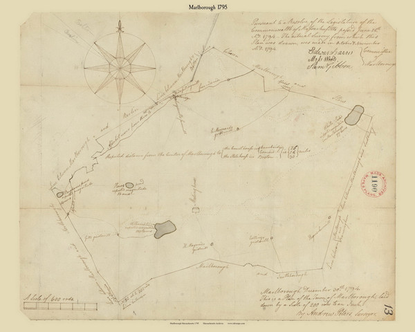 Marlborough, Massachusetts 1794 Old Town Map Reprint - Roads Place Names  Massachusetts Archives