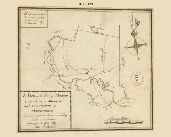 Medford, Massachusetts 1794 Old Town Map Reprint - Roads Place Names  Massachusetts Archives