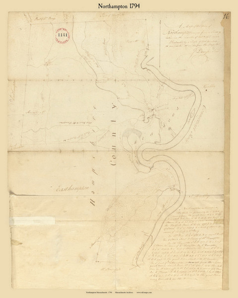 Northampton, Massachusetts 1794 Old Town Map Reprint - Roads Place Names  Massachusetts Archives