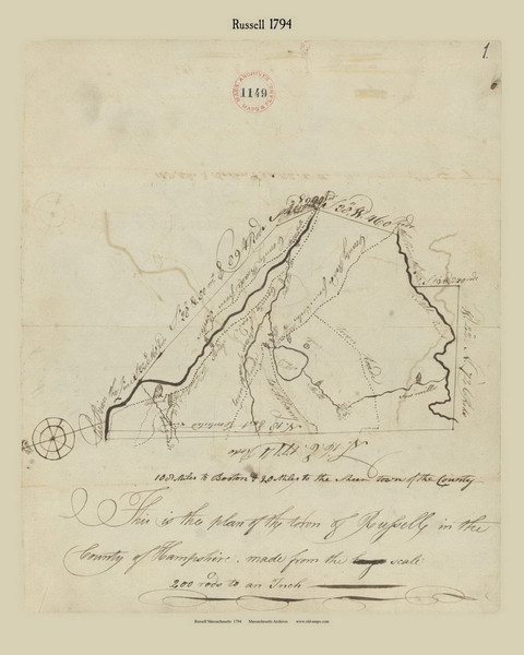Russell, Massachusetts 1794 Old Town Map Reprint - Roads Place Names  Massachusetts Archives Russell, Massachusetts 1794 Old Town Map Reprint - Roads Place Names  Massachusetts Archives