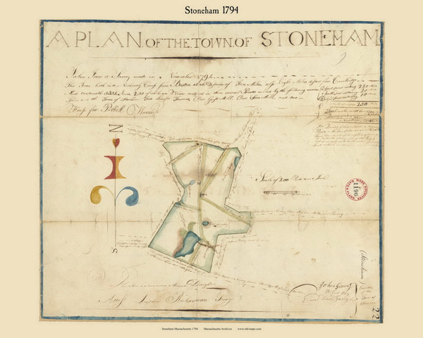 Stoneham, Massachusetts 1794 Old Town Map Reprint - Roads Place Names  Massachusetts Archives Stoneham, Massachusetts 1794 Old Town Map Reprint - Roads Place Names  Massachusetts Archives