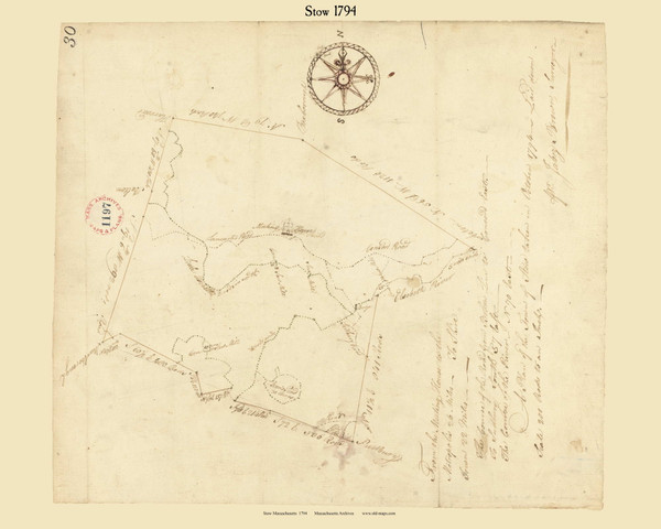 Stow, Massachusetts 1794 Old Town Map Reprint - Roads Place Names  Massachusetts Archives Stow, Massachusetts 1794 Old Town Map Reprint - Roads Place Names  Massachusetts Archives