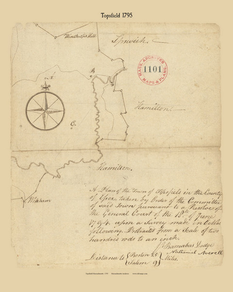 Topsfield, Massachusetts 1795 Old Town Map Reprint - Roads Place Names  Massachusetts Archives