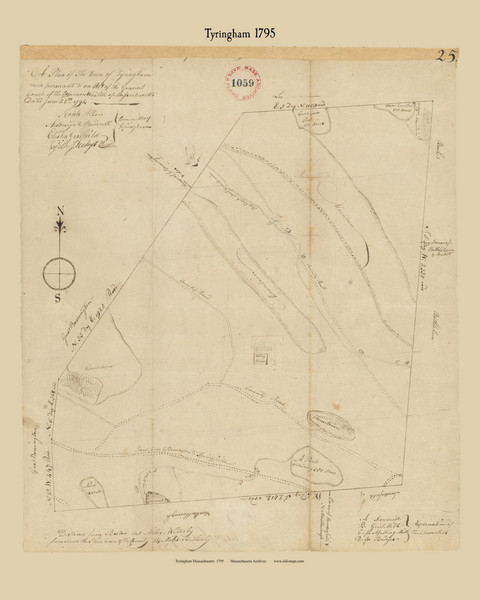 Tyringham, Massachusetts 1795 Old Town Map Reprint - Roads Place Names  Massachusetts Archives
