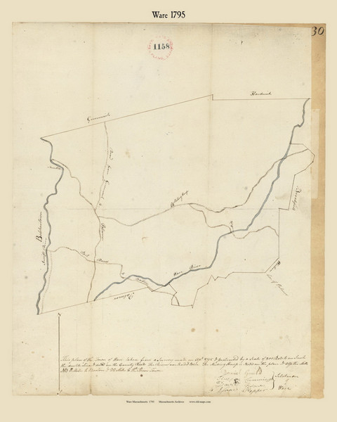 Ware, Massachusetts 1795 Old Town Map Reprint - Roads Place Names  Massachusetts Archives Ware, Massachusetts 1795 Old Town Map Reprint - Roads Place Names  Massachusetts Archives