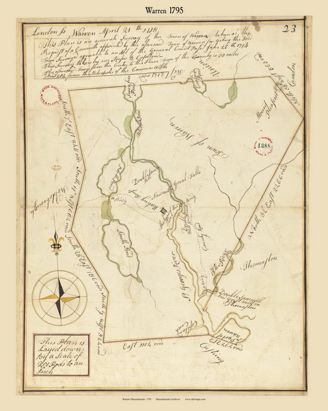 Warren, Massachusetts 1795 Old Town Map Reprint - Roads Place Names  Massachusetts Archives
