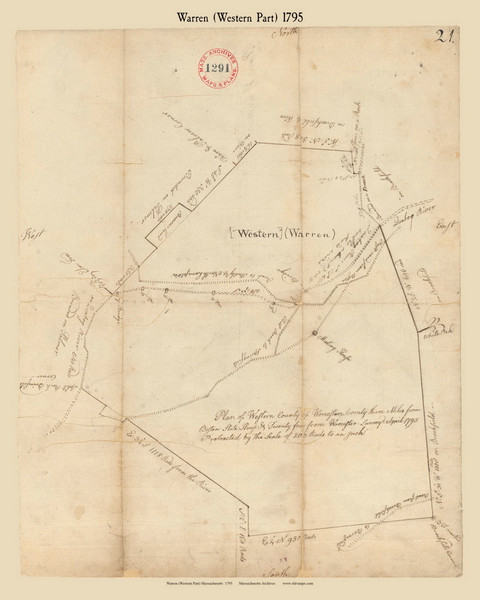 Warren (Western Part), Massachusetts 1795 Old Town Map Reprint - Roads Place Names  Massachusetts Archives Warren (Western Part), Massachusetts 1795 Old Town Map Reprint - Roads Place Names  Massachusetts Archives