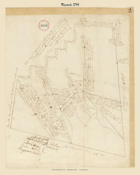 Warwick, Massachusetts 1794 Old Town Map Reprint - Roads Place Names  Massachusetts Archives