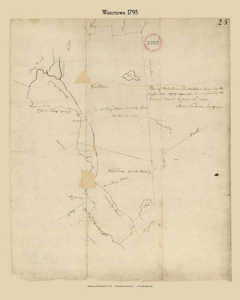 Watertown, Massachusetts 1795 Old Town Map Reprint - Roads Place Names  Massachusetts Archives Watertown, Massachusetts 1795 Old Town Map Reprint - Roads Place Names  Massachusetts Archives
