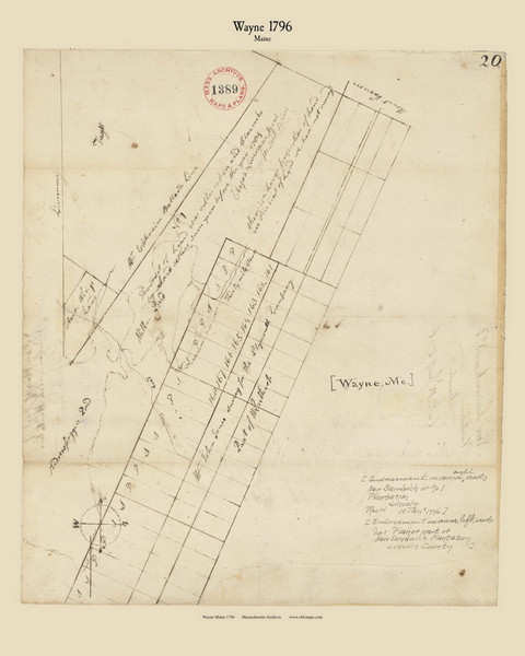 Wayne, Maine 1796 Old Town Map Reprint - Roads Place Names  Massachusetts Archives