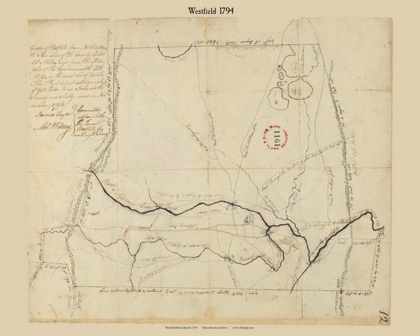 Westfield, Massachusetts 1794 Old Town Map Reprint - Roads Place Names  Massachusetts Archives