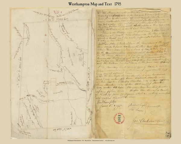 Westhampton Map and Text, Massachusetts 1795 Old Town Map Reprint - Roads Place Names  Massachusetts Archives