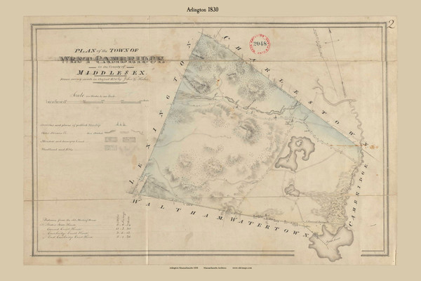 Arlington, Massachusetts 1830 Old Town Map Reprint - Roads Place Names Massachusetts Archives