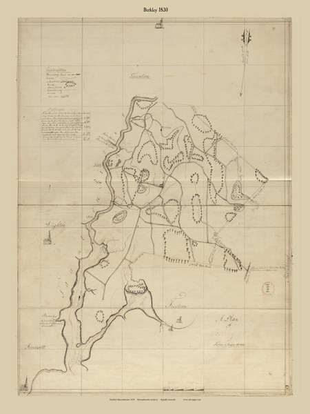 Berkley (Digitally Restored), Massachusetts 1830 Old Town Map Reprint - Roads Place Names Massachusetts Archives