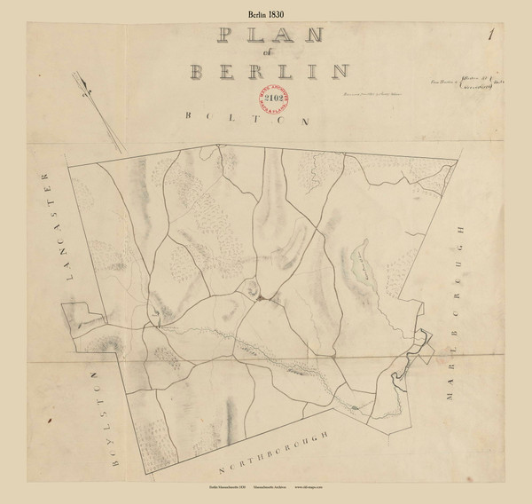 Berlin, Massachusetts 1830 Old Town Map Reprint - Roads Place Names Massachusetts Archives