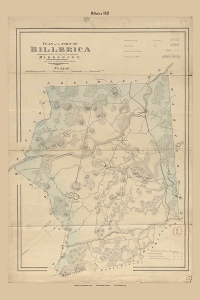 Billerica, Massachusetts 1831 Old Town Map Reprint - Roads Place Names - Massachusetts Archives