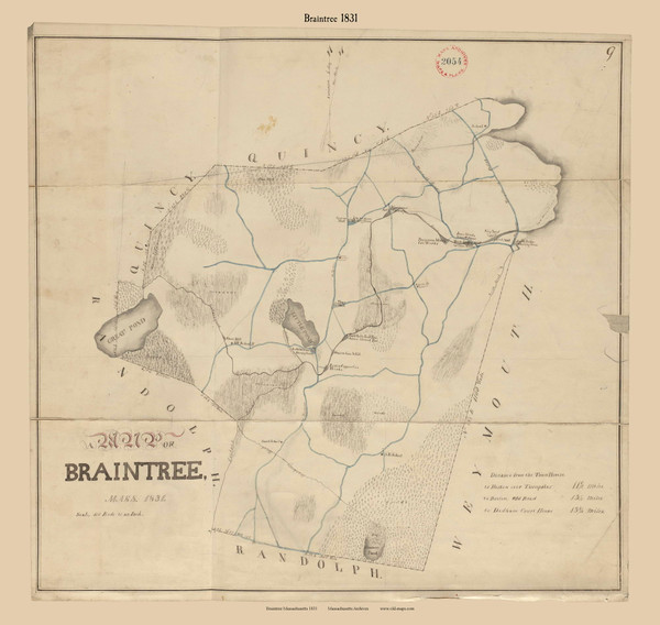 Braintree, Massachusetts 1831 Old Town Map Reprint - Roads Place Names Massachusetts Archives