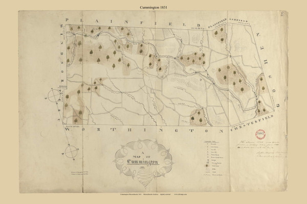 Cummington (Digitally Restored), Massachusetts 1831 Old Town Map Reprint - Roads Place Names Massachusetts Archives