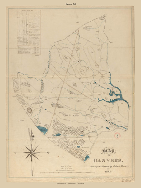 Danvers, Massachusetts 1831 Old Town Map Reprint - Roads Homeowner Names Place Names Massachusetts Archives
