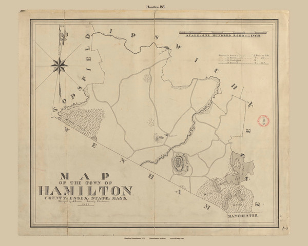 Hamilton, Massachusetts 1831 Old Town Map Reprint - Roads Place Names Massachusetts Archives