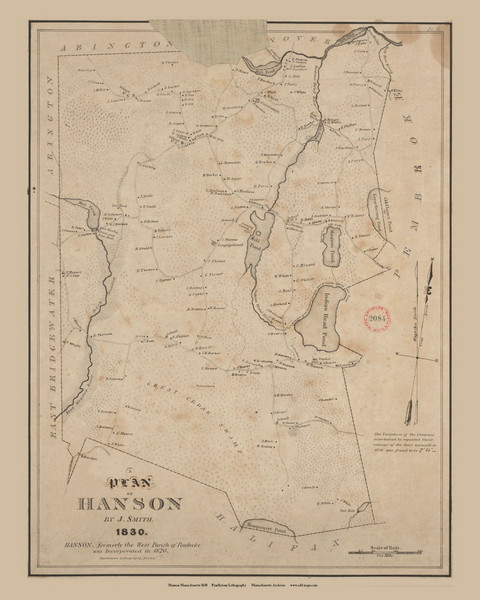 Hanson Lithograph, Massachusetts 1830 Old Town Map Reprint - Roads Homeowner Names Place Names Massachusetts Archives