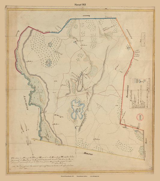 Harvard, Massachusetts 1831 Old Town Map Reprint - Roads Place Names Massachusetts Archives