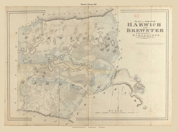 Harwich and Brewster, Massachusetts 1831 Old Town Map Reprint - Roads Place Names Massachusetts Archives