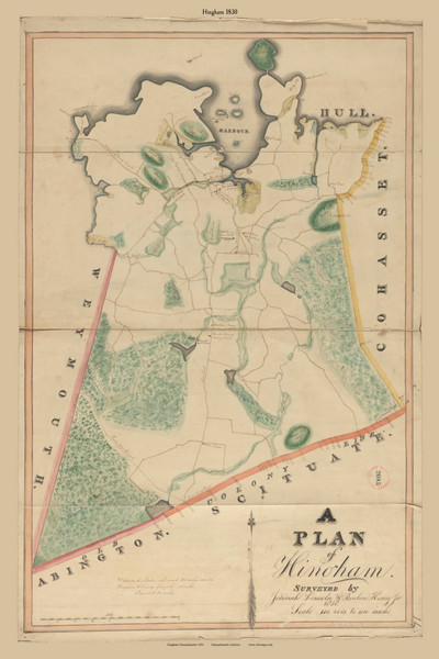 Hingham, Massachusetts 1830 Old Town Map Reprint - Roads Place Names Massachusetts Archives