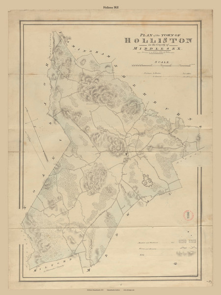Holliston, Massachusetts 1831 Old Town Map Reprint - Roads Place Names Massachusetts Archives