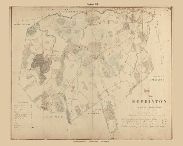 Hopkinton, Massachusetts 1831 Old Town Map Reprint - Roads Place Names Massachusetts Archives