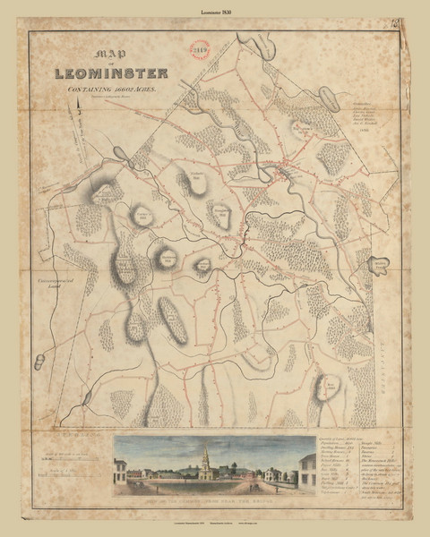 Leominster, Massachusetts 1830 Old Town Map Reprint - Roads House Locations Place Names Massachusetts Archives