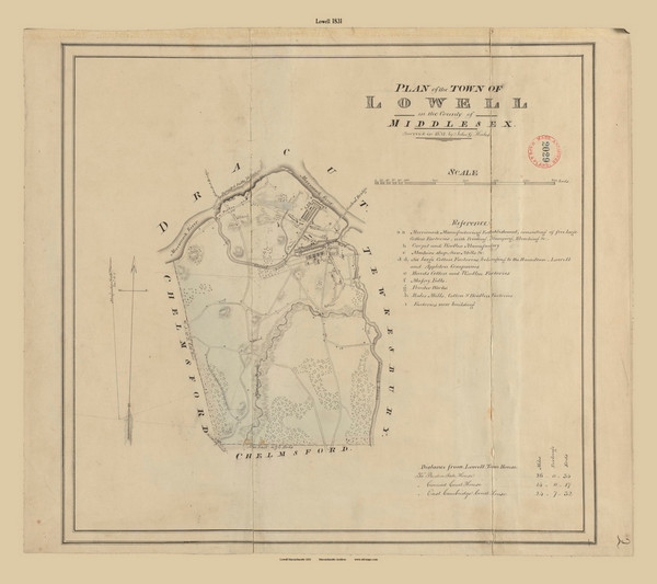 Lowell, Massachusetts 1831 Old Town Map Reprint - Roads House Locations Place Names Massachusetts Archives