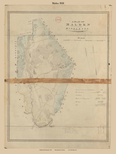 Malden, Massachusetts 1830 Old Town Map Reprint - Roads House Locations Place Names  Massachusetts Archives