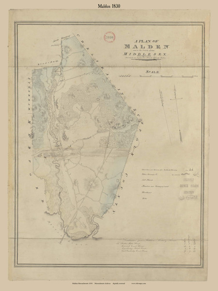 Malden (Digitally Restored), Massachusetts 1830 Old Town Map Reprint - Roads House Locations Place Names  Massachusetts Archives