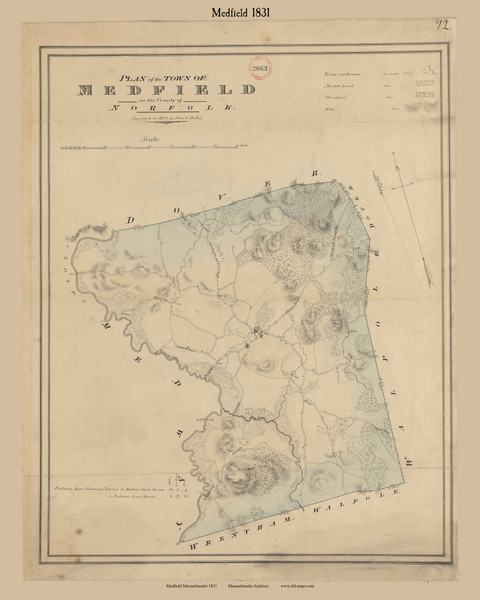 Medfield, Massachusetts 1831 Old Town Map Reprint - Roads House Locations Place Names  Massachusetts Archives