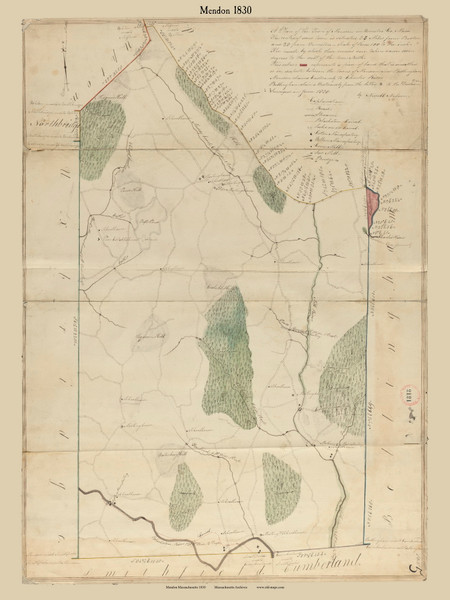 Mendon, Massachusetts 1830 Old Town Map Reprint - Roads Place Names Massachusetts Archives