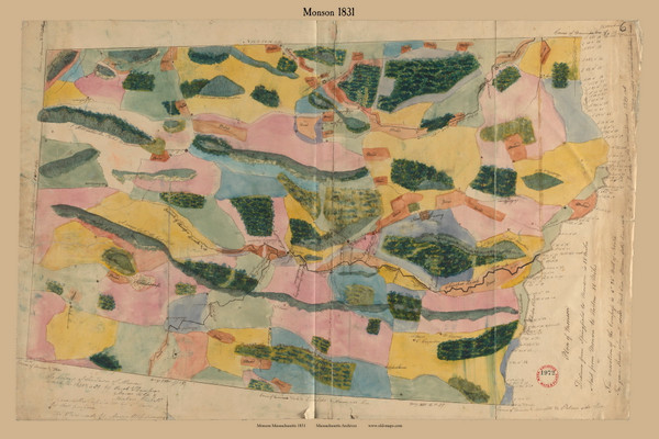 Monson, Massachusetts 1831 Old Town Map Reprint - Roads Place Names Massachusetts Archives