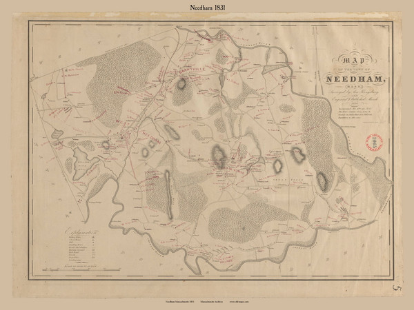 Needham, Massachusetts 1831 Old Town Map Reprint - Roads Homeowner Names Place Names Massachusetts Archives