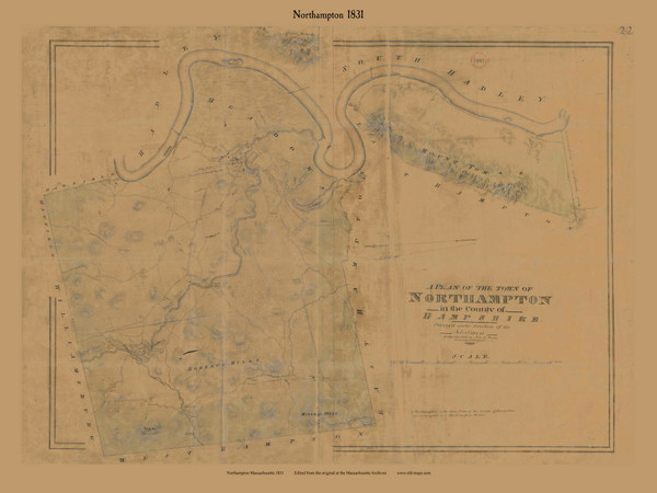 Northampton, Massachusetts 1831 Old Town Map Reprint - Roads House Locations Place Names Massachusetts Archives