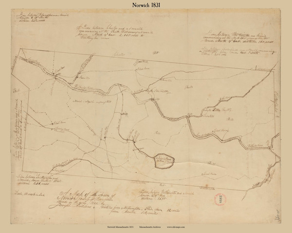 Norwich, Massachusetts 1831 Old Town Map Reprint - Roads Place Names Massachusetts Archives