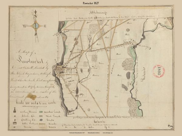 Pawtucket, Massachusetts 1827 Old Town Map Reprint - Roads Homeowner Names Place Names Massachusetts Archives
