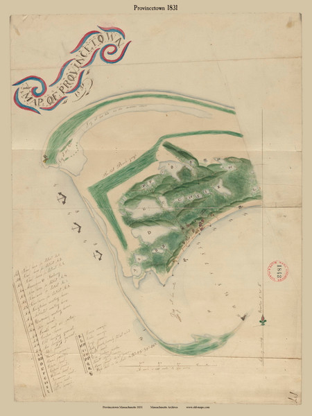 Provincetown, Massachusetts 1831 Old Town Map Reprint - Roads Place Names Massachusetts Archives