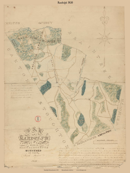 Randolph, Massachusetts 1830 Old Town Map Reprint - Roads Place Names Massachusetts Archives