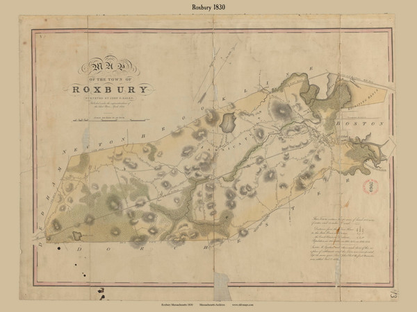 Roxbury, Massachusetts 1830 Old Town Map Reprint - Roads Place Names Massachusetts Archives