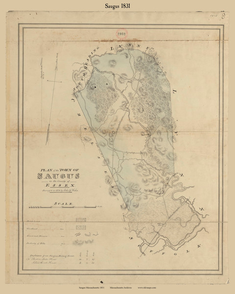 Saugus, Massachusetts 1831 Old Town Map Reprint - Roads Place Names Massachusetts Archives