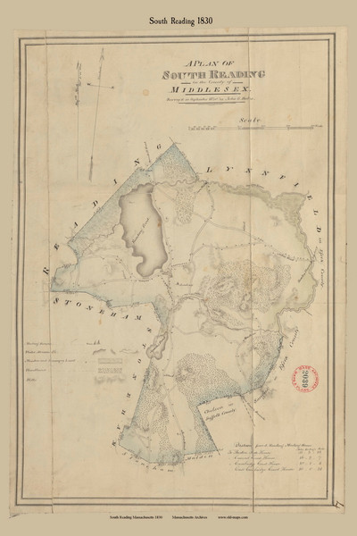 South Reading, Massachusetts 1830 Old Town Map Reprint - Roads House Locations Place Names  Massachusetts Archives