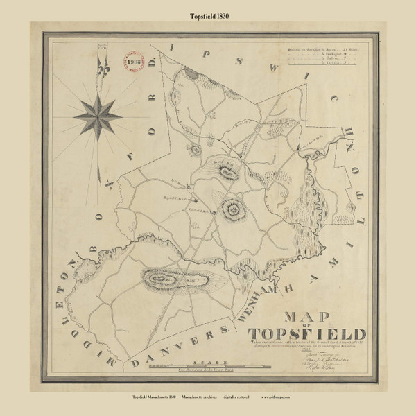 Topsfield (Digitally Restored), Massachusetts 1830 Old Town Map Reprint - Roads Place Names  Massachusetts Archives