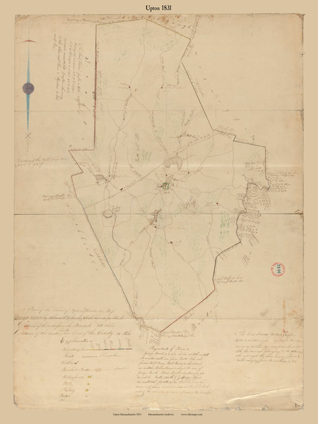Upton, Massachusetts 1831 Old Town Map Reprint - Roads Place Names  Massachusetts Archives