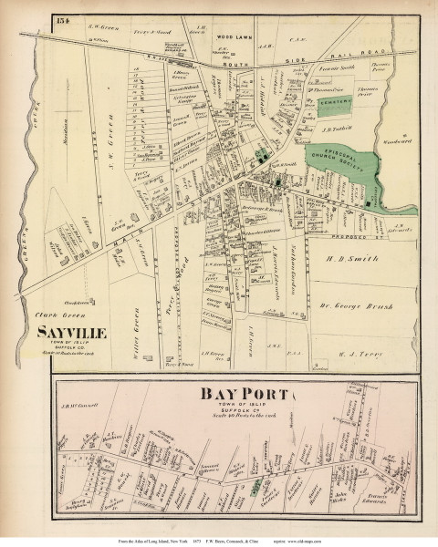 Sayville and Bay Port Villages - Islip, New York 1873 Old Town Map Reprint - Suffolk Co. (LI)